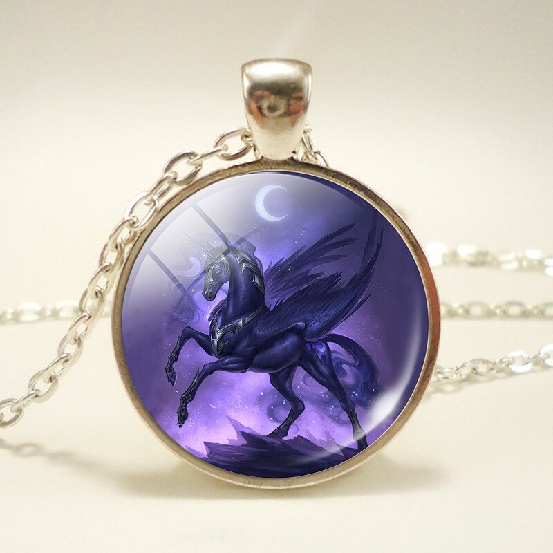 NPKDS di Modo Nuovo Collana In Lega di Zinco di Vetro Del Pendente Rotondo. Unicorn Tempo Gioiello Della Catena Del Maglione Preferito Regalo Di Compleanno: Dark Unicorn