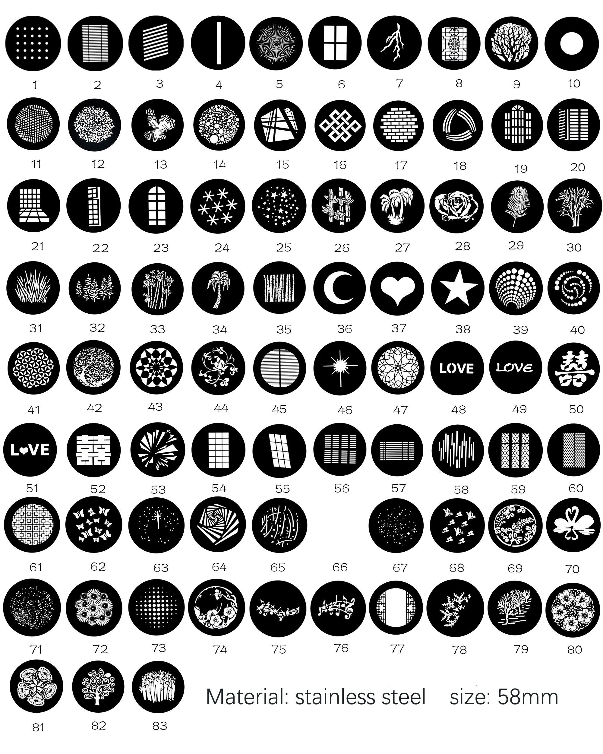 4 PCS 58mm GOBO Up to 90 Patterns Focalize Conical Snoots Projection Film Graphic Insert Background Light Effect Hollowed Card