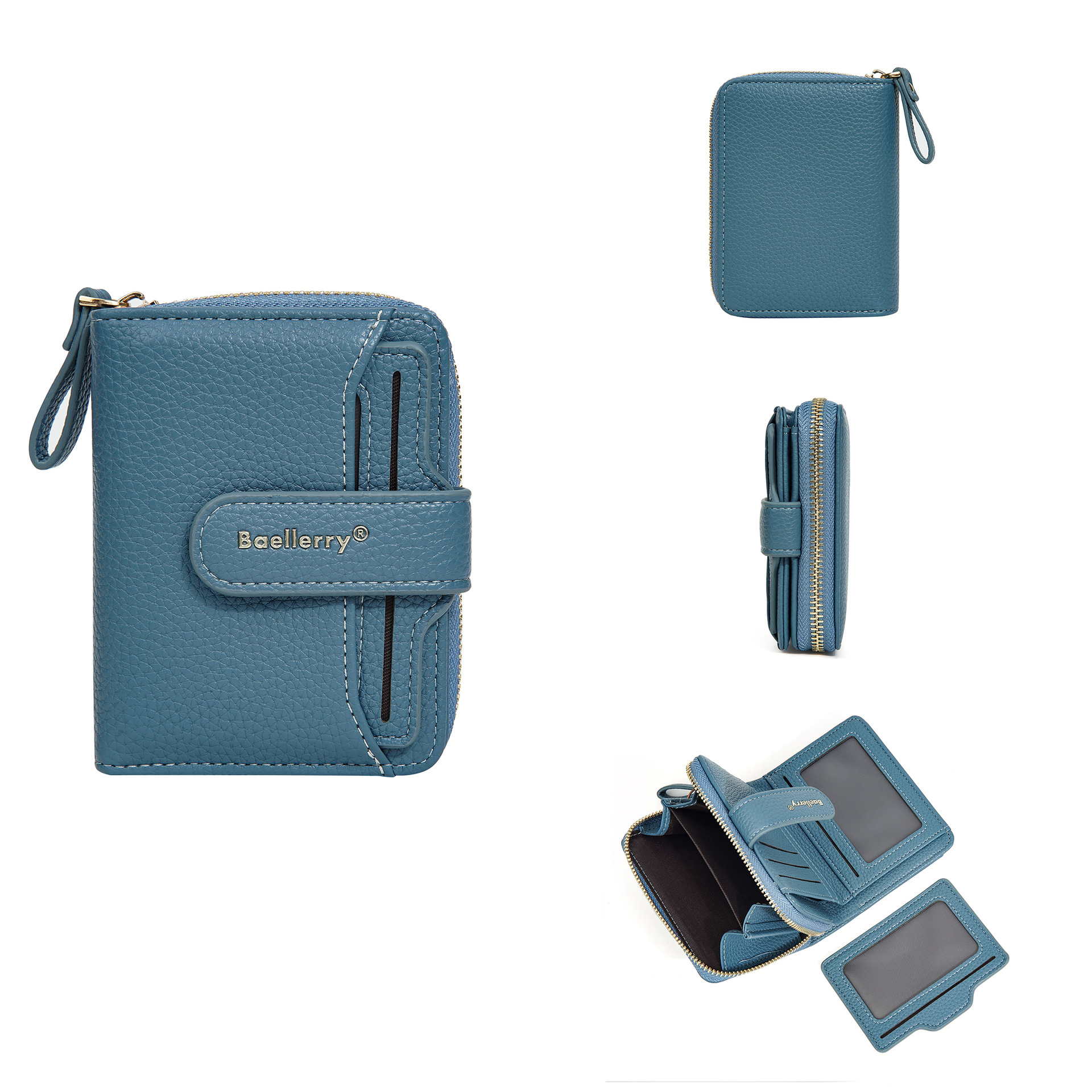 Short Women Zipper Wallets Large Capacity Card Holder Brand Female Purses Coin Pocket Photo Holder Wallet For Girls: Blue