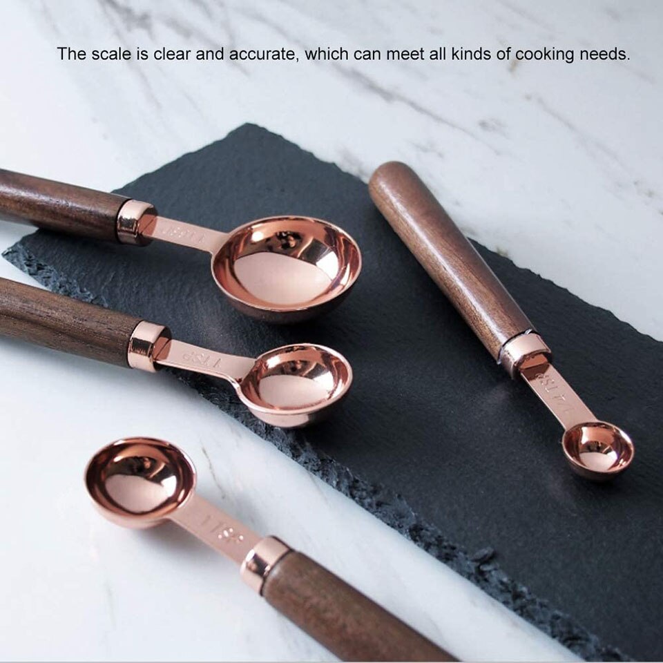 4 Piece Measuring Spoon Set Walnut Handle Measurements Premium Stainless Steel Mirror Polished Cup For Measuring Baking