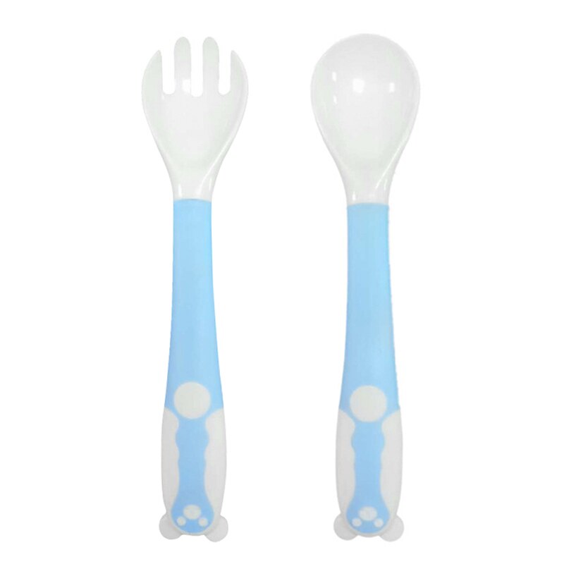 bébé cuillère fourchette ensemble alimentaire flexion alimentation coude formation torsion vaisselle pliable MD88: thermal spork blue