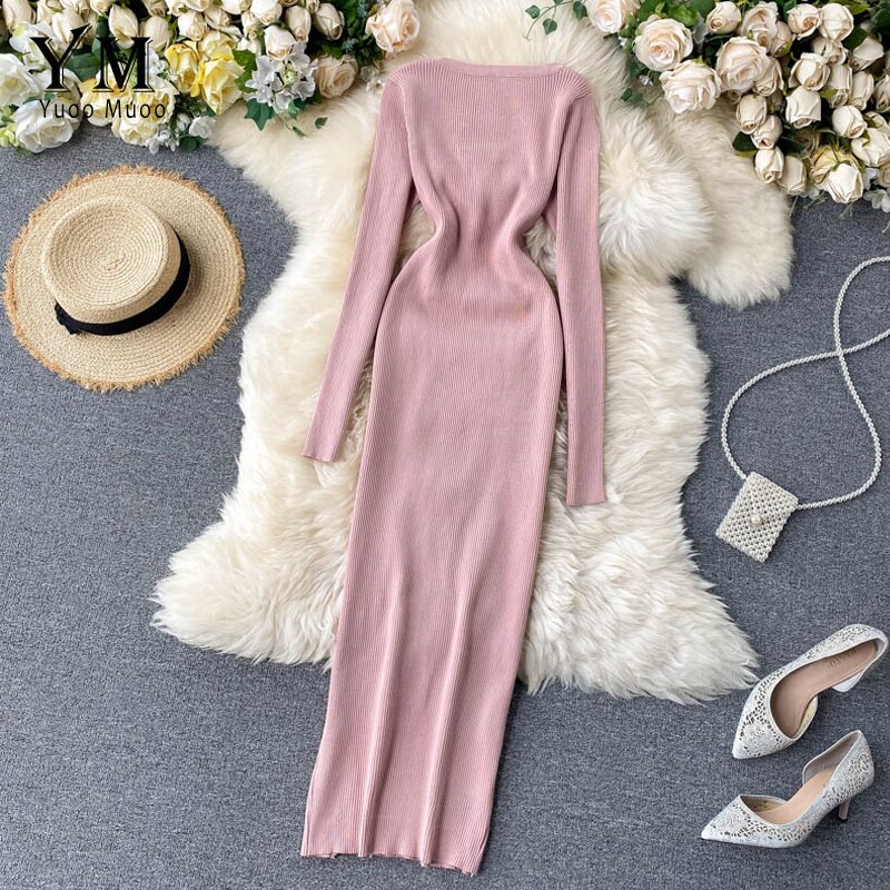 Yuoomuoo Elegante Vintage Double-Breasted Office Dames Jurk Herfst Winter Gebreide Lange Jurk Vrouwelijke Split Bodycon Jurk