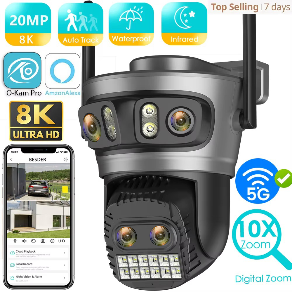 BESDER 20MP 8K HD WiFi caméra 10X Zoom quatre objectifs trois écrans suivi automatique Protection de sécurité 4K PTZ CCTV Surveillance vidéo