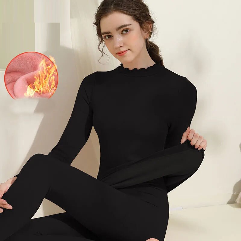 Ropa interior térmica de terciopelo para mujer, traje de Cuello medio alto, Tops para dormir, conjunto de Calzoncillos largos, conjunto de ropa térmica de invierno: black set / M