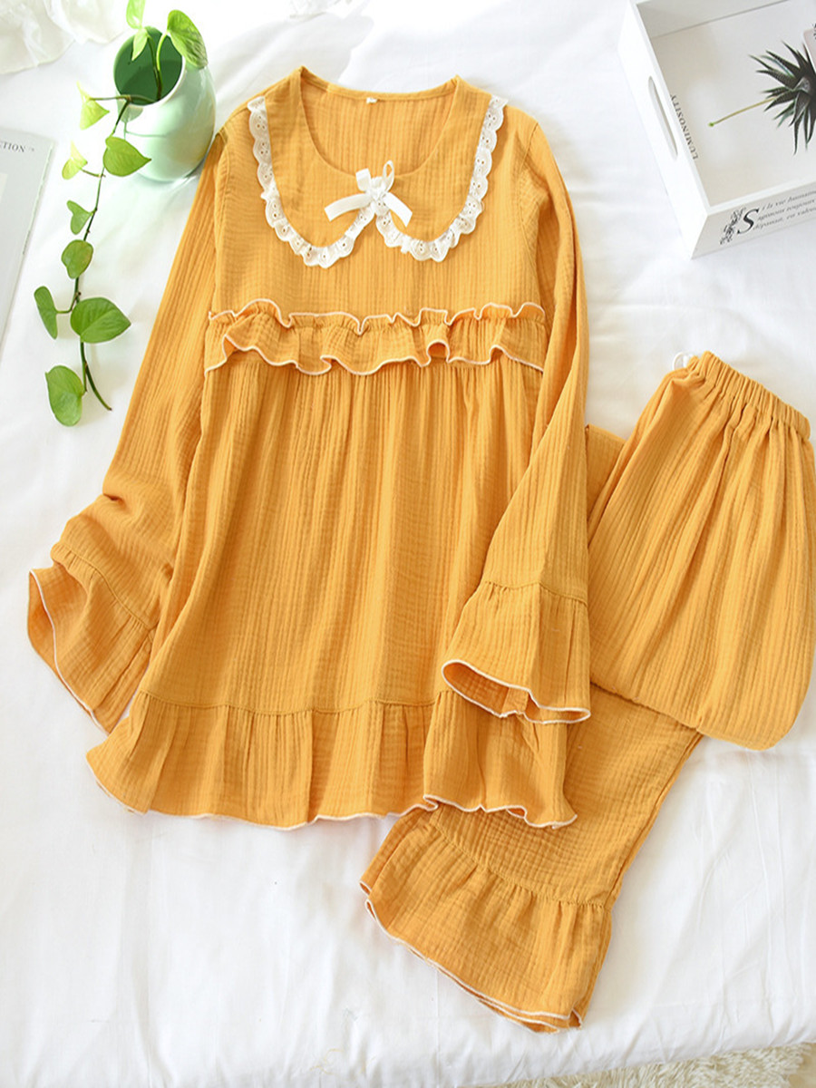 Vestido de algodón monocromático con cuello de muñeca, ropa de lactancia horizontal, lavado fino, pijamas de manga larga de crepé: Naranja / L