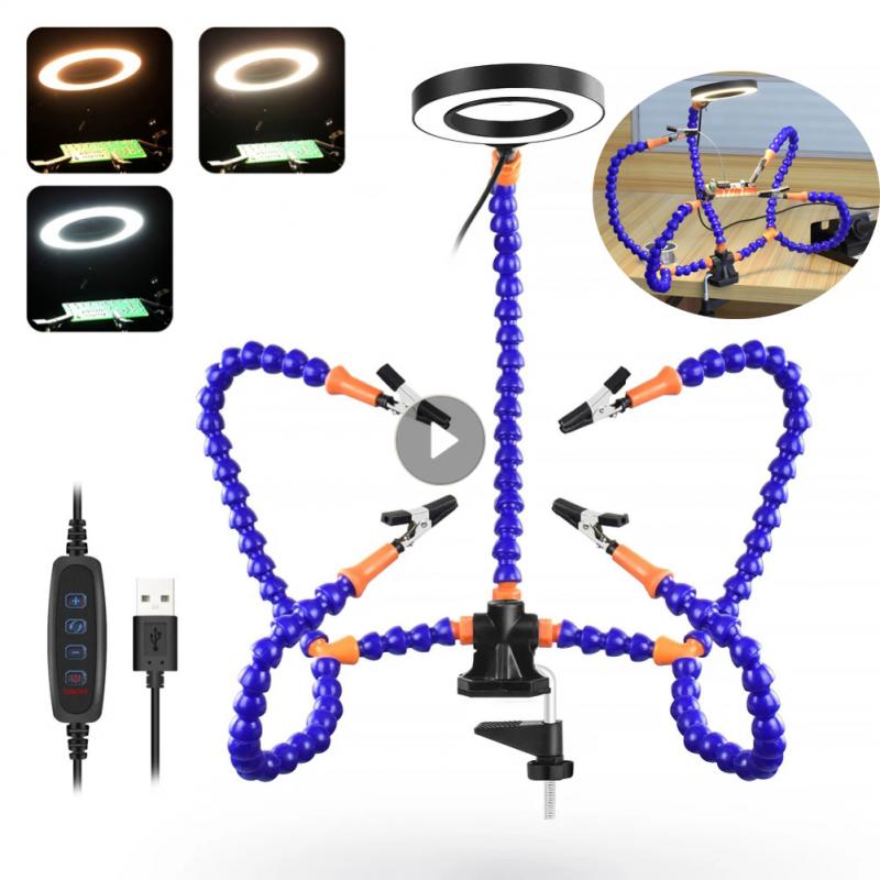 Welding Desk Clip PCB Soldering Holder 3X Magnifier With LED Light Welding Helping Hand Flexible Arm Soldering Hand Tool Clamp