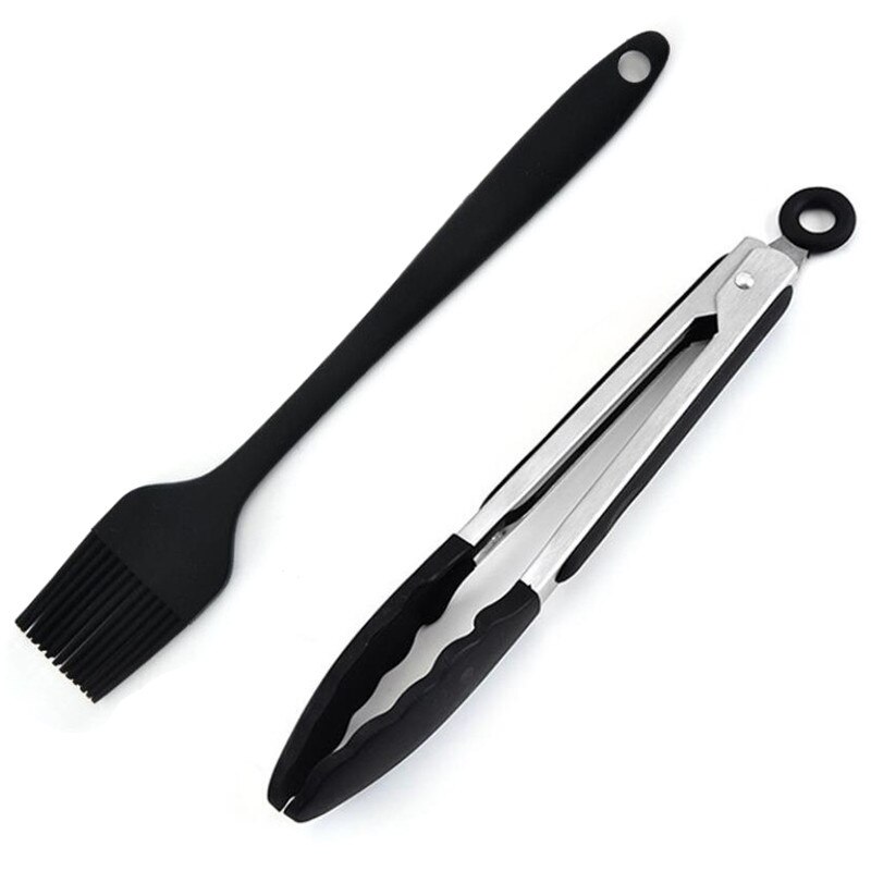 2pcs Silicone Food Tong Basting Brush Set Oil Brush Kitchen Tongs BBQ Grill Clip Meat Salad Cake Sauce Brush Barbecue Clip Tools: 2pcs