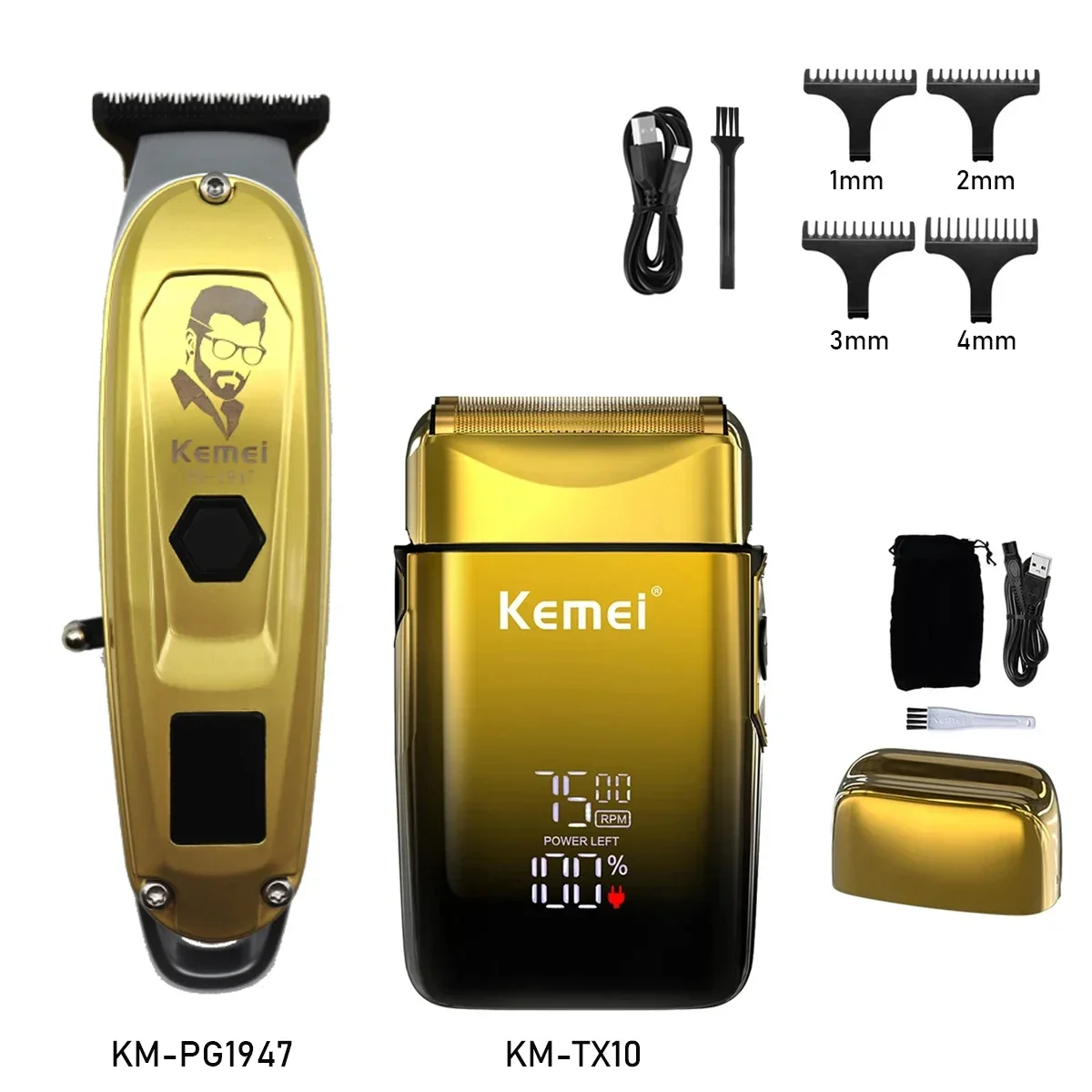 Kemei-KM-TX10 Scheermachine voor heren Dubbele foliemesjes USB Snel opladen LED-display Professionele tondeuse Haarsnijmachine: Zilver