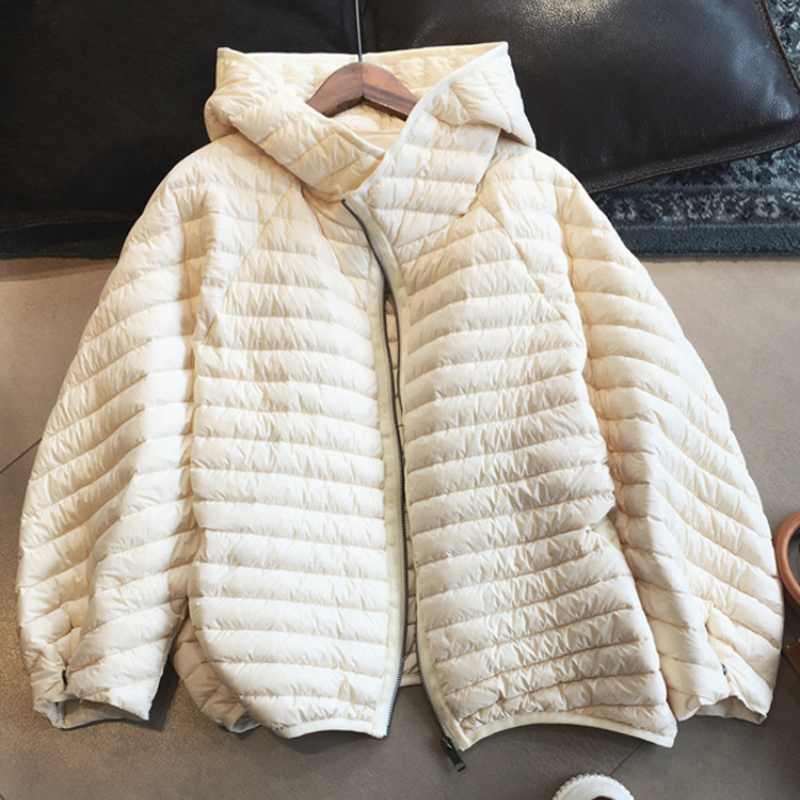 Winter Short Puffer Jacket Women 90% White Duck Down Coat Loose Female Feather Parka Hooded Outwear Warm: S / Beige