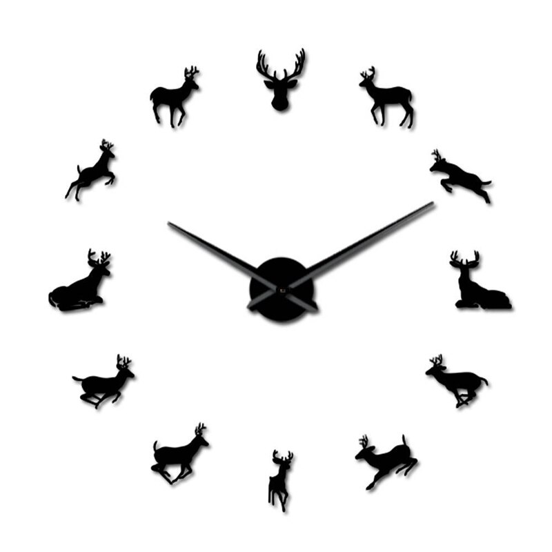 Tête de cerf bricolage horloge murale géante bois cerf chasseur moderne cerf bois horloge murale acrylique effet miroir animaux décorations pour la maison: Black