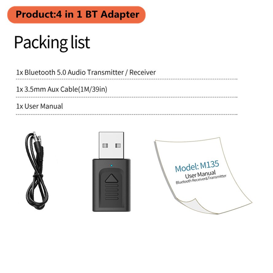 USB Bluetooth 5.0 Adapter 3.5mm AUX BT Audio Receiver Transmitter Wireless Dongle For Car TV Speaker 4 in 1 Bluetooth Adapter: Default Title