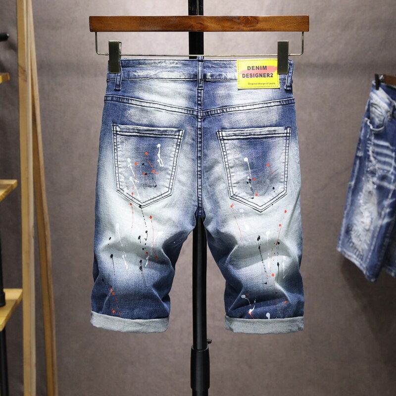 Calções de brim de hip hop para homens rasgado estiramento fino ajuste shorts 2022 verão nova pintura retalhos afligido calças corpado