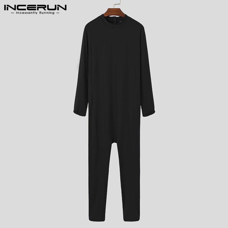 Incerun Mannen Jumpsuit Pyjama Lange Mouw O Hals Homewear Leisure Nachtkleding Soft Fitness Effen Kleur Mannen Rompertjes Nachtkleding S-5XL