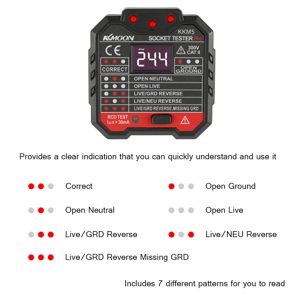 KKmoon – détecteur de prise d&#39;affichage numérique Portable KKM5, testeur de tension de polarité de Circuit, détecteur de disjoncteur de prise murale, Test RCD