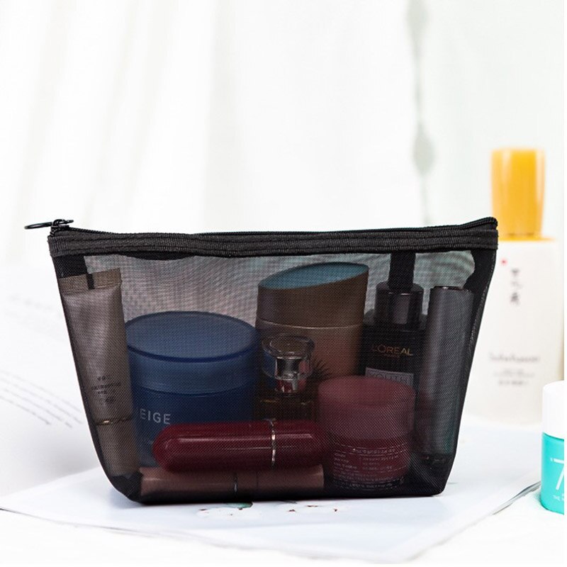 1Pcs Black Translucent Wash Bags Portable Breathable Trapezoid With Zipper Nylon Travel Mesh Large Capacity Cosmetic Bag