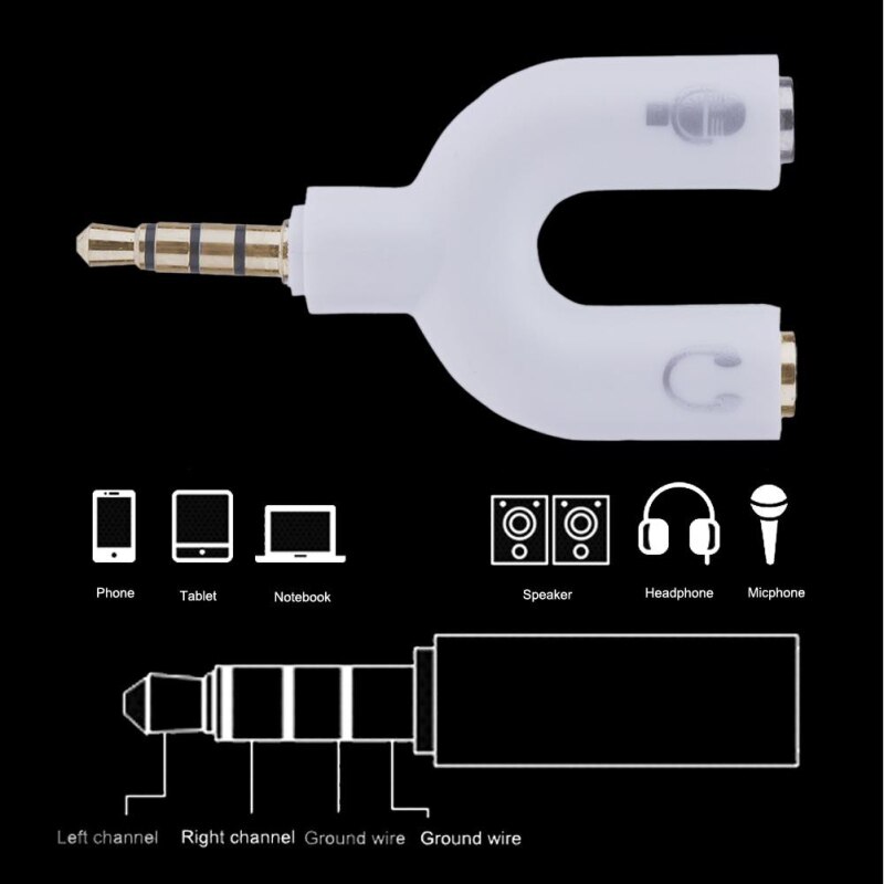 1Pc 2 Way U Type Adapter Splitter Dual 3.5 Mm Hoofdtelefoon Plug Audio Kabels Splitter Microfoon Voor Smartphone MP3 MP4 Speler