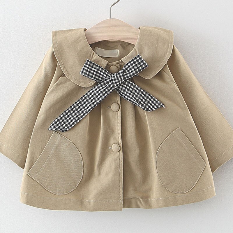 Abrigo de princesa para niños, abrigo de primavera y otoño, abrigo de bebé, chaqueta de bebé bonita rompevientos con lazo de rejilla CT034: khaki / 12 meses