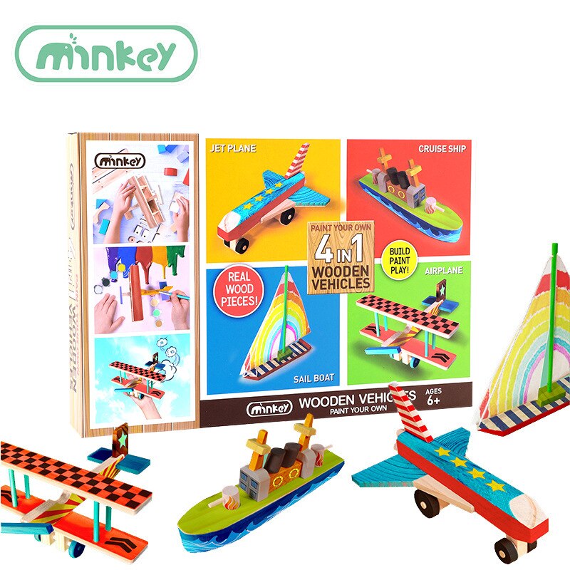 4 in 1 holz fahrzeuge DIY transport kit flugzeug boot kinder puzzle spielzeug montiert graffiti spielzeug handgemachtes für kinder