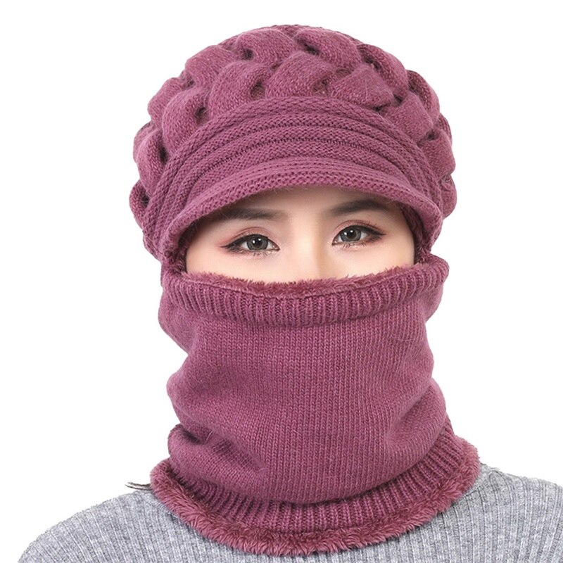 Damer vinter varm uld hat med tyk hagesmækmaske og høreværn hat kvindelig varm strikket uld hætte støvtætte cykel hatte: E769639