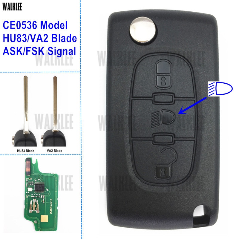 Walklee kauko-avain toimii citroen ajoneuvoon  c2/c3/c4/c5/ berlingo/picasso 3bt valo-/lamppupainikkeella  (ce0536, hu83/va2,  ask/fsk)