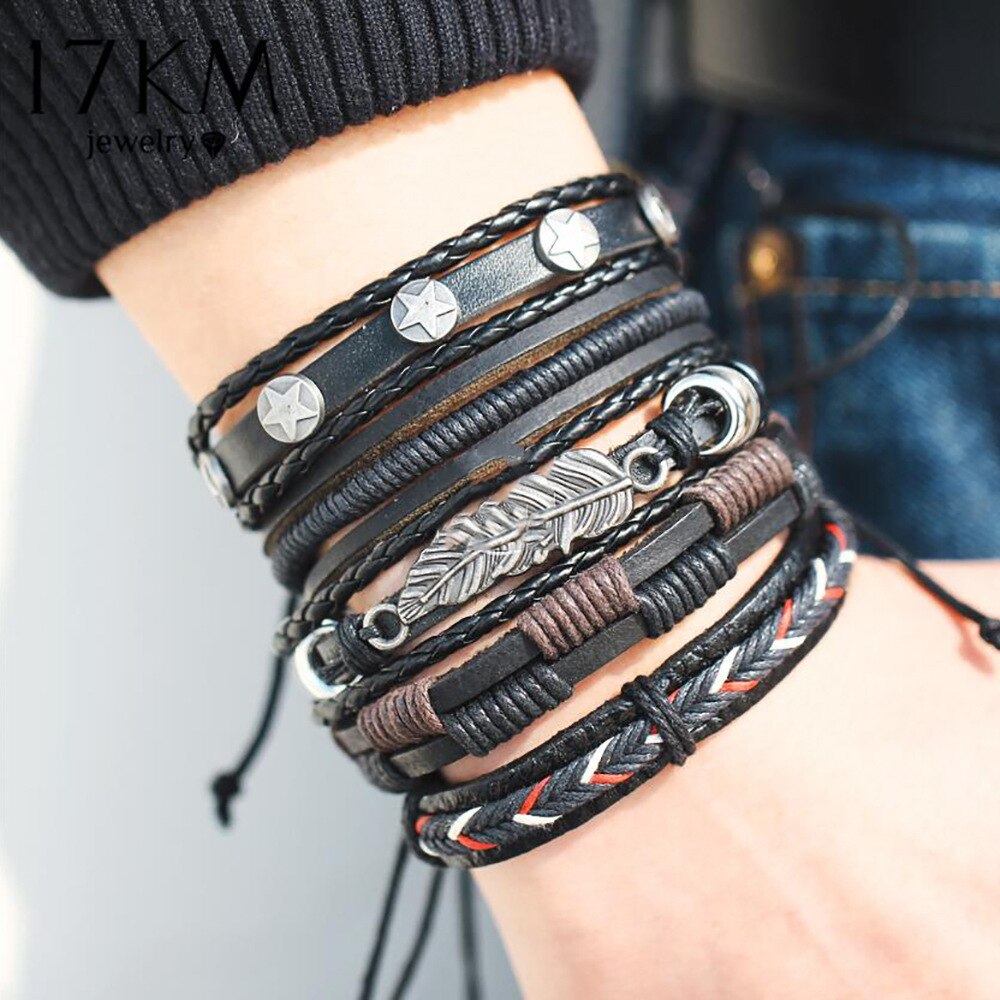 Vintage Leather Bracelet hand woven student leather rope men's and women's universal leather Beaded Friendship Bracelet: Silver Plated