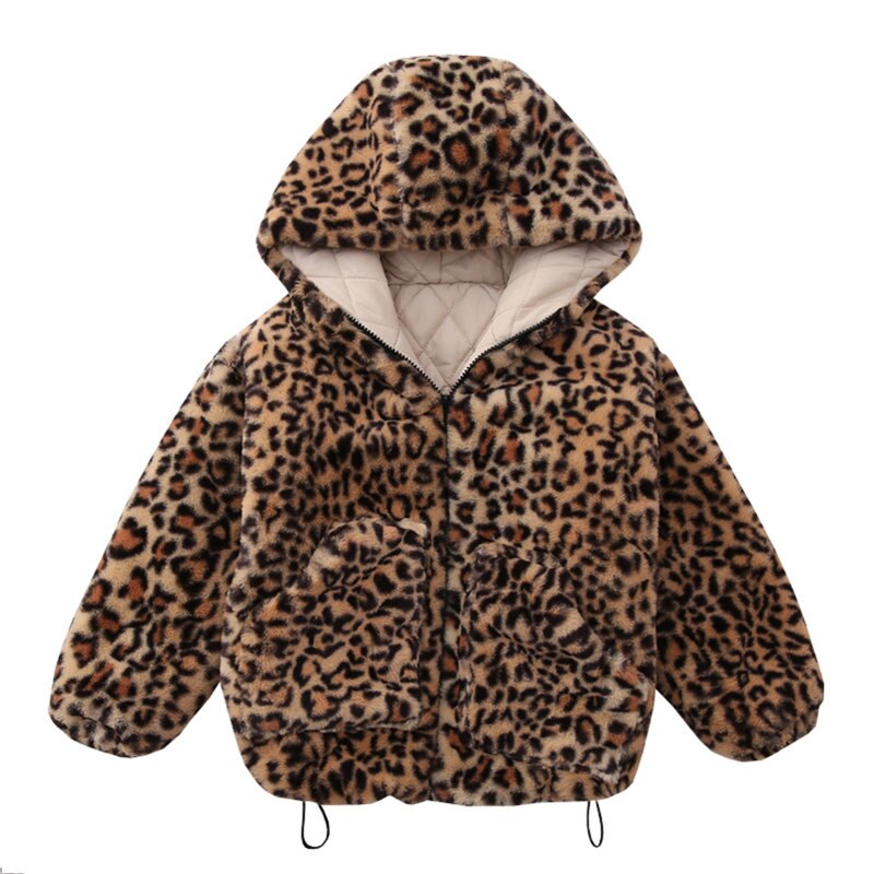 Piger vinter uld jakke frakke print leopard baby tøj til piger pels med hætte varme børnetøj: 4