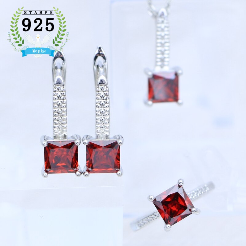 Mujer pendientes anillo colgante collar 925 joyería de plata cuadrado granate piedra roja conjunto de joyas accesorios de boda: Rojo