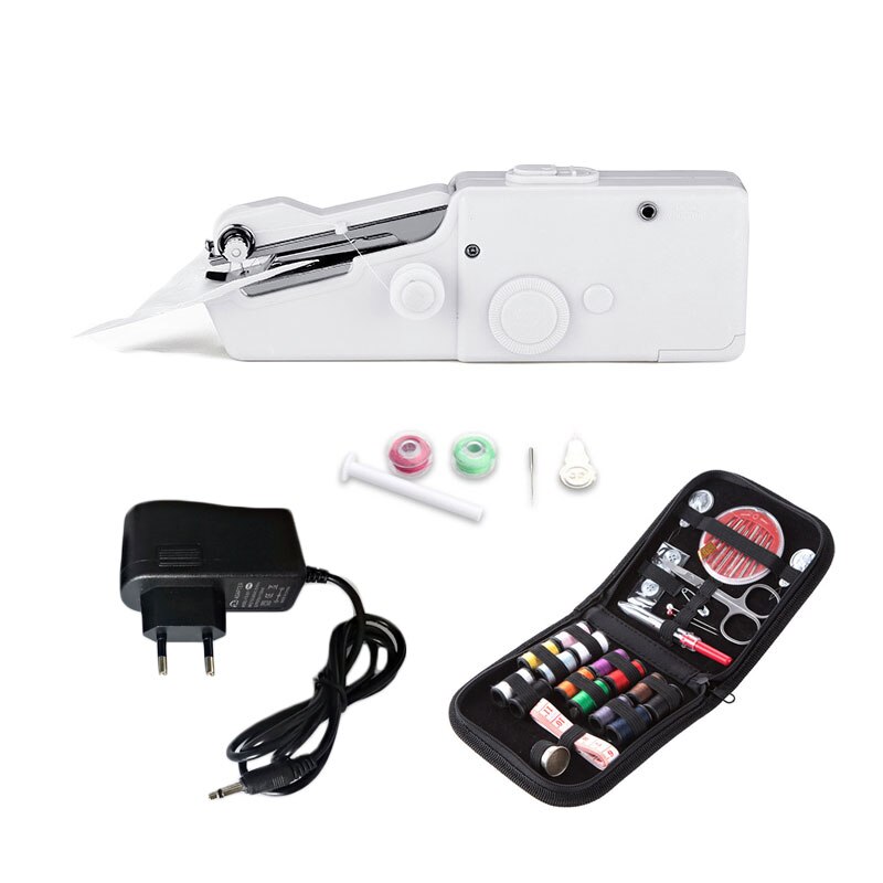 Hand Sewing Machine Kit Portable Handheld Electric Handy Stitch Household Needlework Cordless Small White DIY Cloth Fabric