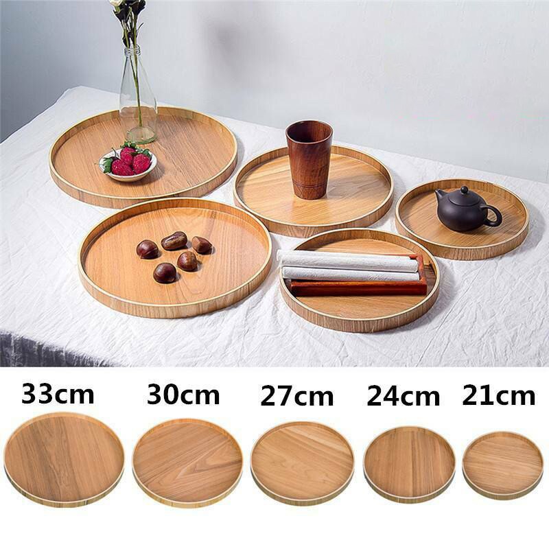 Wooden Round Serving Tray Wood Plate Tea Food Dishe Drink Platter Food Server Plate Dinner Beef Steak Fruit Snack Dessert Tray