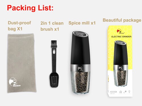 BEEMAN Electric Salt and Pepper Grinder Stainless Steel Automatic Gravity Induction Pepper Mill Kitchen Spice Grinders Tools: Updated model black