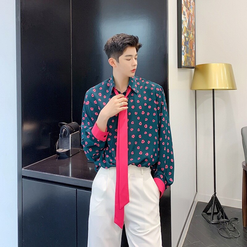Mannen Roze Strikje Oversized Shirts Casual Bloemen Lange Mouw Blouse Vrouwen Harajuku Elegante Mode Groen Shirt Camisa Masculina