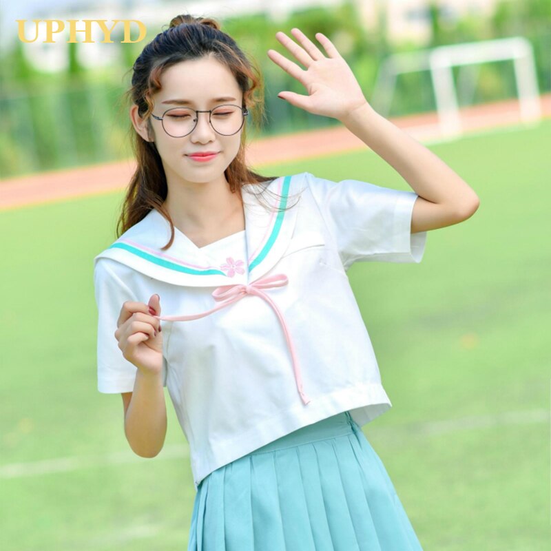 UPHYD Anime School Uniform Lolita Sailor Suits Japan Korea Teen Girls Chorus Uniforms White Shirt and Light Green Pleated Skirt