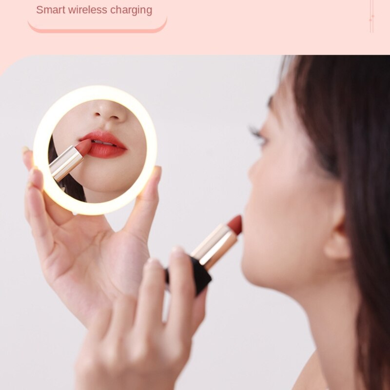 Portable LED Vanity Mirror with Lights Dimmable Brightness Compact Mirror USB Wireless Charging Circular Small Mirror