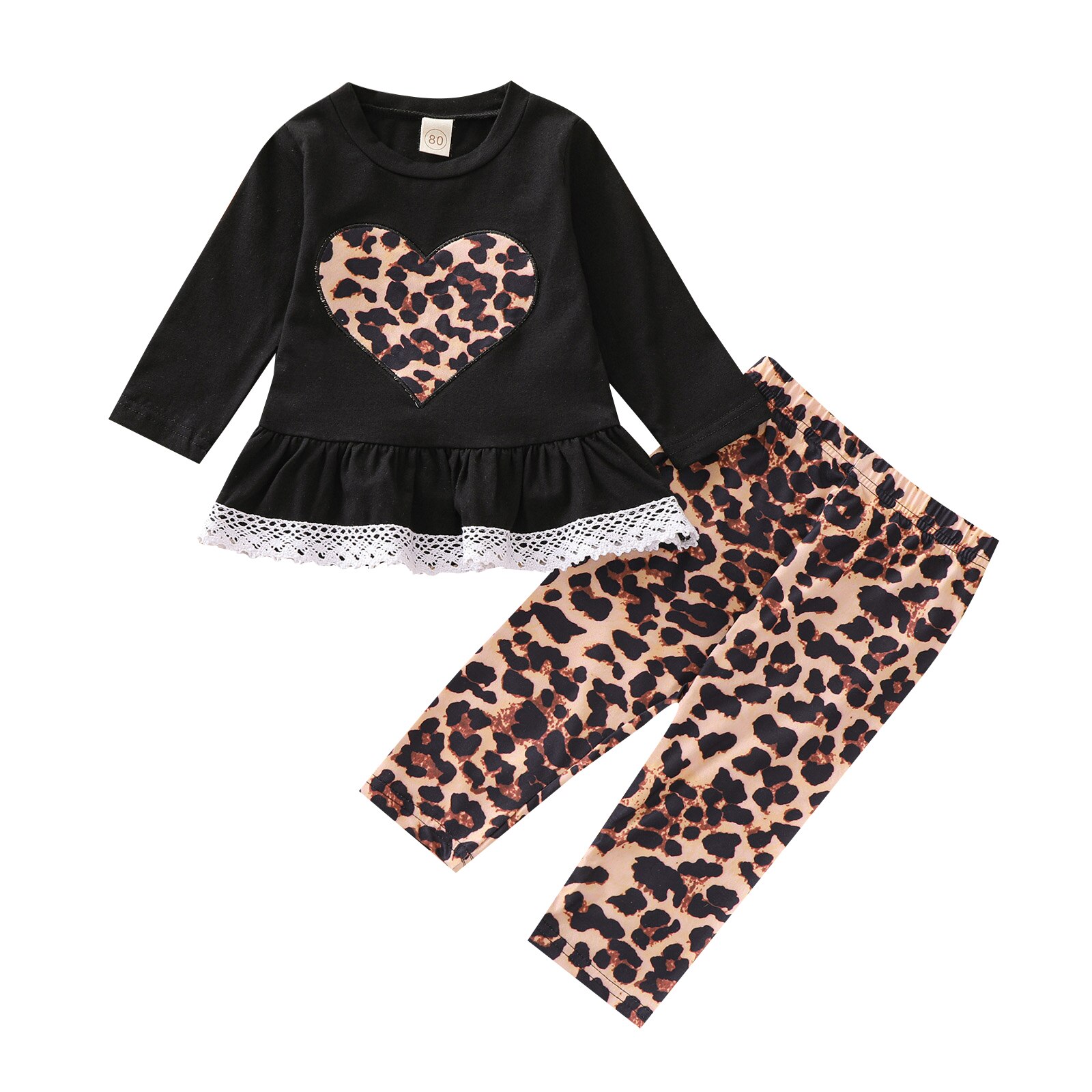Tenues décontractées 2 pièces pour bébés filles, pull à manches longues à motif cœur et col rond + pantalon imprimé léopard: 9M