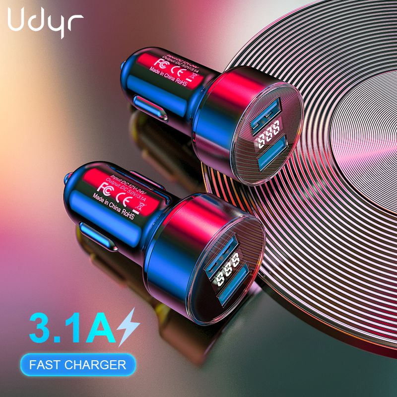 Udyr 3.1A Dual Usb Car Charger Met Led Display Mobiele Telefoon Auto-Oplader Voor Xiaomi 9 Samsung S8 Iphone 11 6 6 S 7 8 Plus Tafel