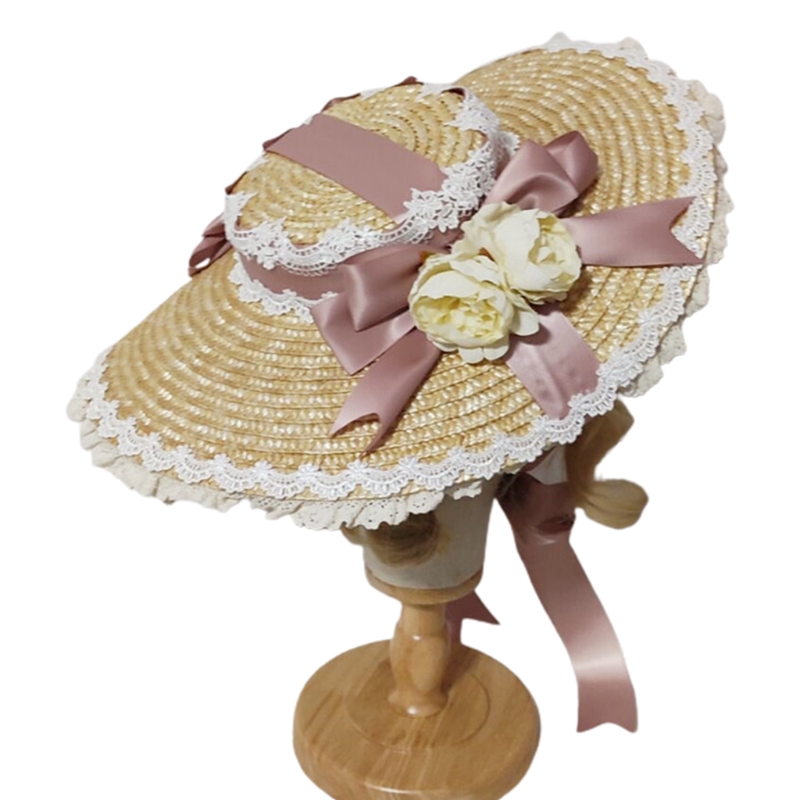 Japanese Lolita Sweet Handmade Straw Sun Hat Lace Patchwork Ribbon Bandage Bowknot Wide Brim Tea Party Flat Cap: B