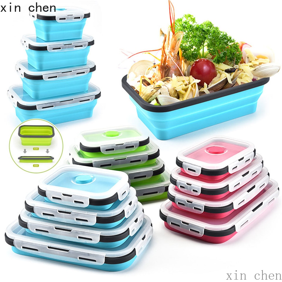 4 Stks/set Inklapbare Draagbare Lunchbox Servies Siliconen Vouwen Bento Lunchbox Maaltijd Voedsel Container Voor Keuken