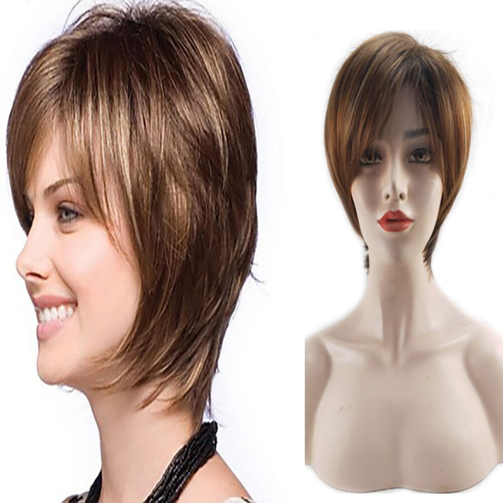 HAIRJOY Women Straight Bangs Style Pixie Cut 14inch Synthetic Hair Wig Brown Mixed Short Natural Wigs: brown