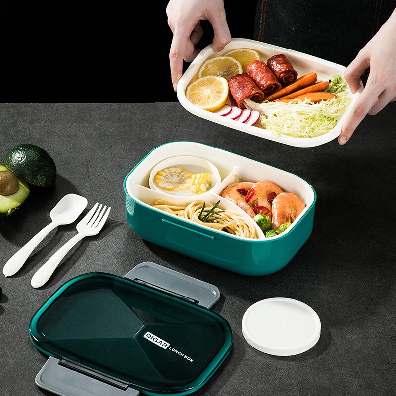 ONEUP Microwave Heating Lunch Box Rectangular Plastic Partition Large Capacity Double-layer Bento Box Portable Food Container