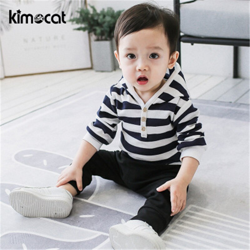 Kimocat baby drengetøj blå stribet hættetrøje lange ærmer 100%  bomulds børnetop blødt børnetøj baby hættetrøje