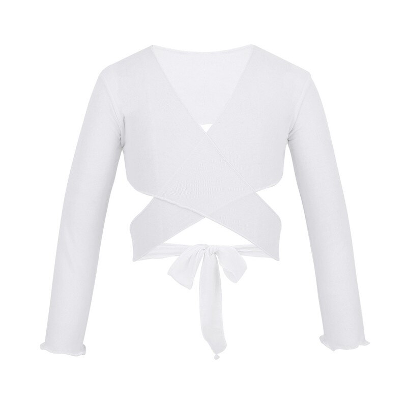 Kids Girls Classic Mesh Ballet Costume Long Sleeve Wrap Top with Adjustable Tie Closure Flower Bridesmaid Wedding Dress Wrap: White / XL