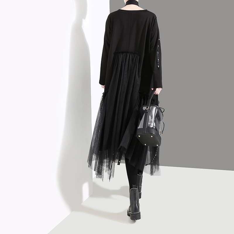 Plus size kvinde efterår ensfarvet sort løs kjole langærmet mesh overlay tapes dame casual stil midikjole robe femme 4564