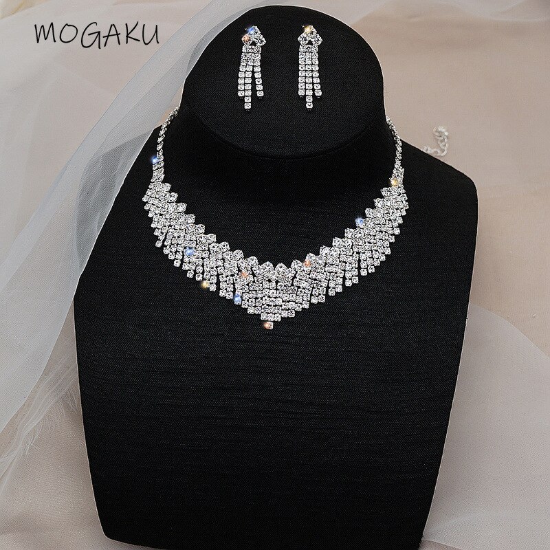 Mogaku 2Pcs Vrouwen Korte Tassel Sieraden Sets Strass Ketting Oorbellen Voor Bridal Wedding Party Shiny Accessoires Set