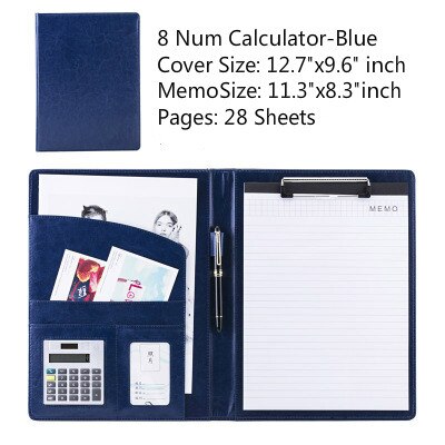 Étui de rangement A4 en cuir PU Business Padfolio, classeur Vintage Business Manager, dossier de bureau avec calculatrice: 8 Num Blue B