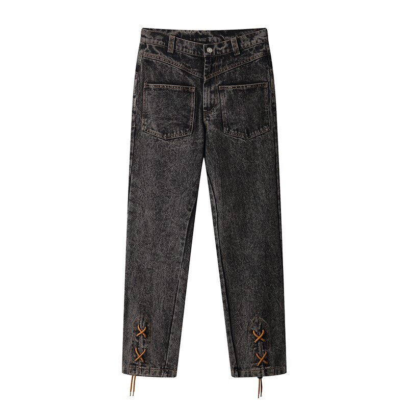 Pantalones vaqueros Harajuku con cordones en el tobillo para hombre, Vaqueros Bordado de letras desgastados Retro rectos y holgados de gran tamaño, informales de Hip Hop