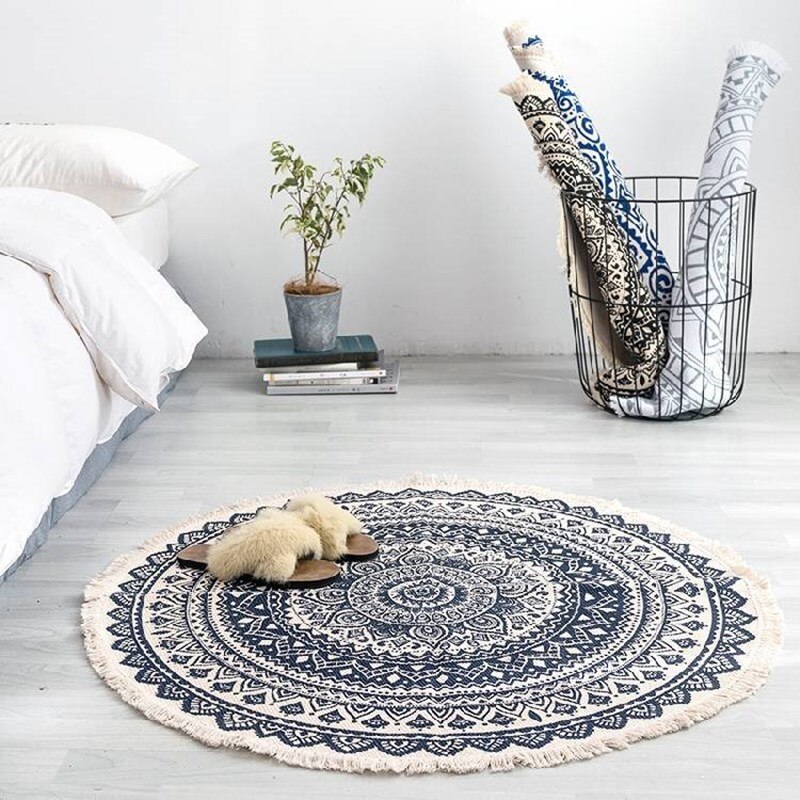 Nordisk bohemisk cirkel matta tofsar mattor bomull sovrum antislip dörrmatta yogamatta runda mattor för vardagsrum: C / Diameter 90cm