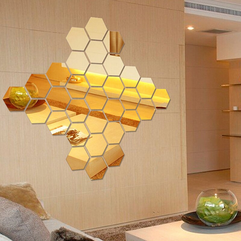 Pegatinas de pared de espejo 3D, hexagonales dorados y plateados, Espejos decorativos, adhesivos de adorno extraíbles para decoración para el hogar, suministros personalizables