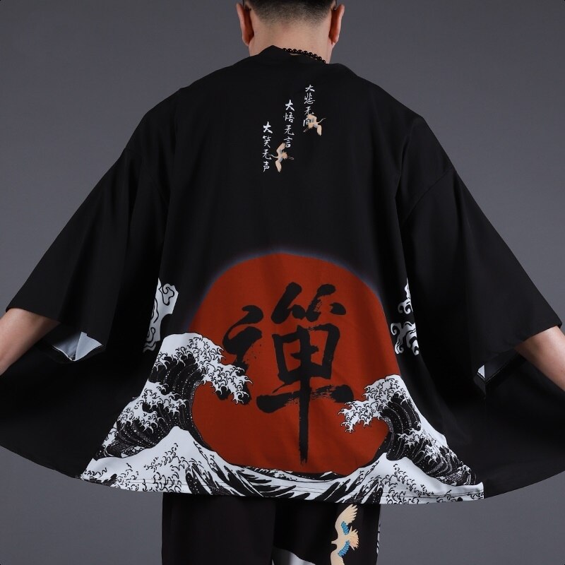 Män japansk kimono kofta män samuraj kostym kläder kimono jacka herr kimono skjorta yukata haori: Svart / L