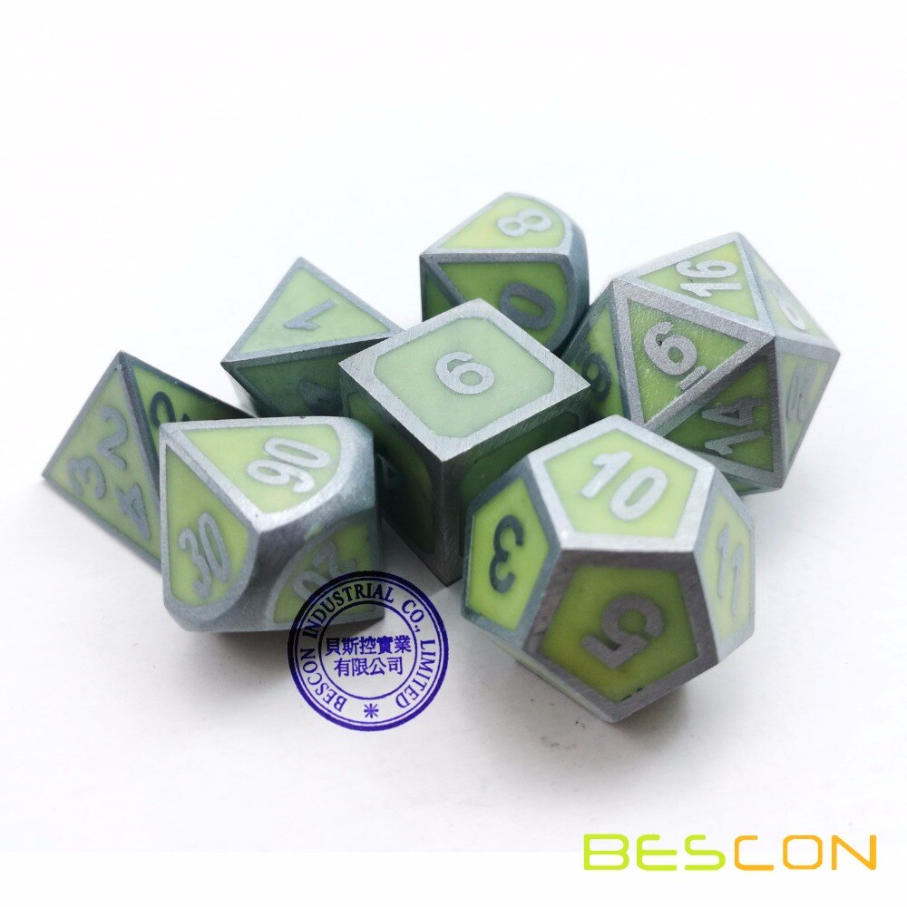 Bescon Super Glow In The Dark Metal Polyhedral D & D Dobbelstenen Set Van 7 Lichtgevende Metallic Rpg Rollenspel game Dice 7 Pcs Set D4-D20