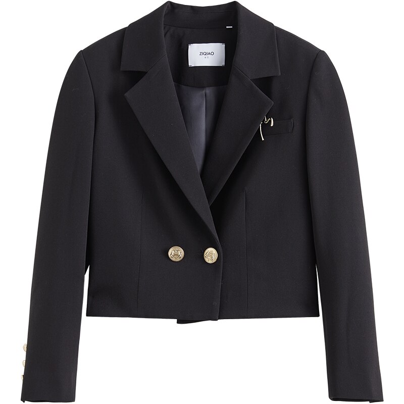 ZIQIAO – veste de costume japonaise à col complet et manches régulières, blazer court, ample, avec broche détachable, solide, à Double boutonnage, pour femme de bureau: Black / XXS